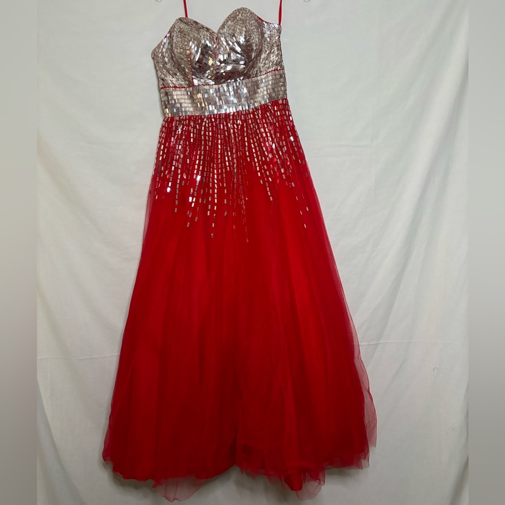 Jovani Red and Silver Sequin Prom Dress